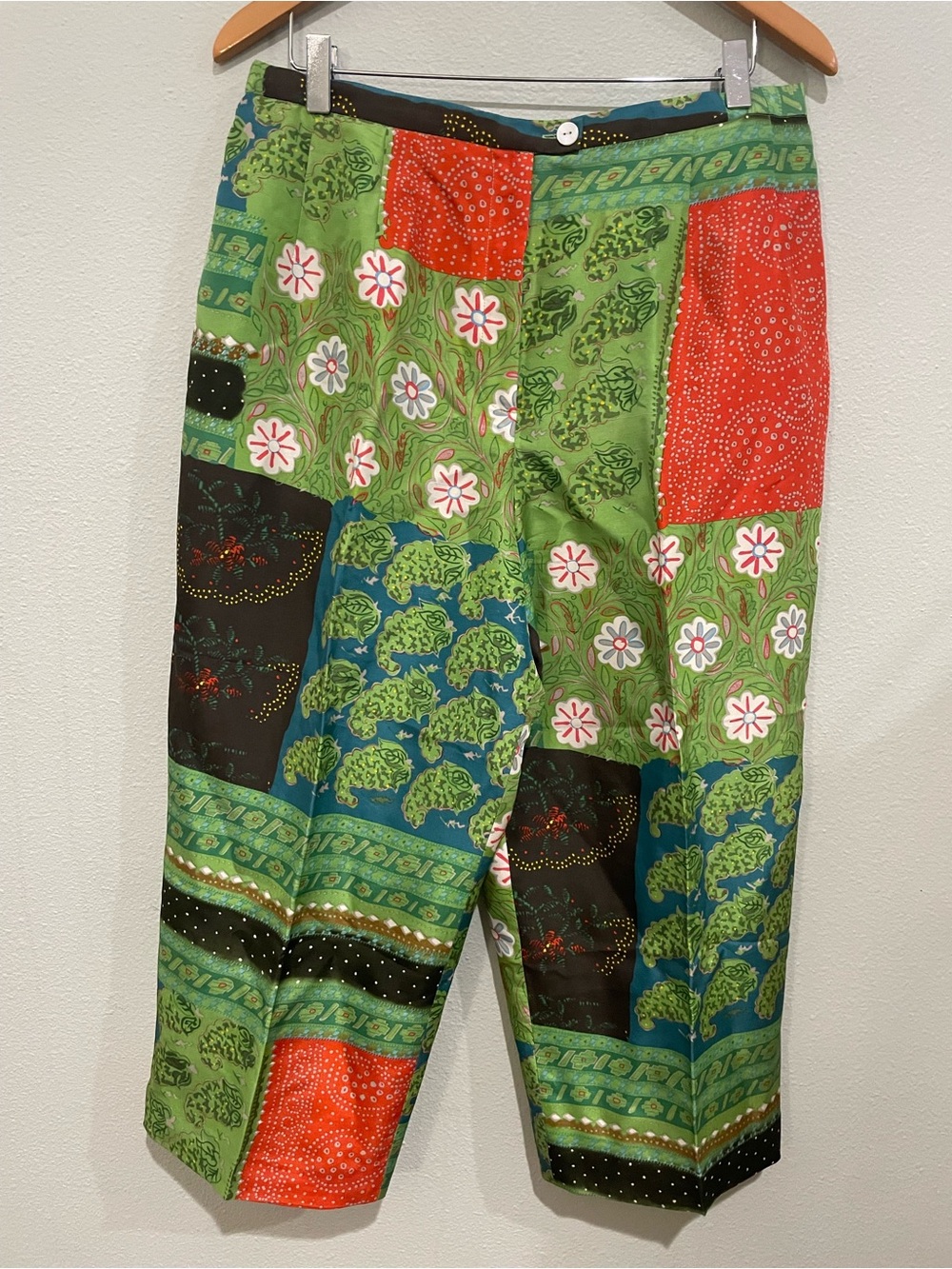 Green Patchwork Print women’s Silk Pants
